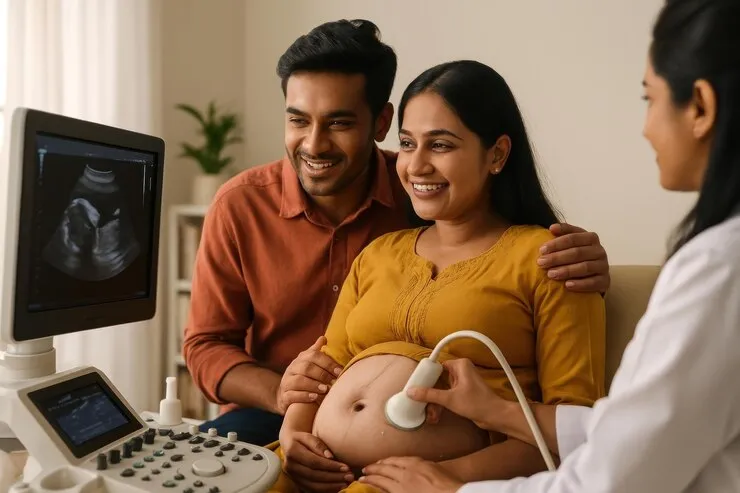couple smiling with sonogram -Disha Fertility